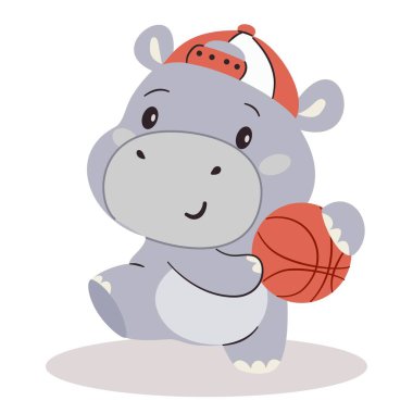 Basit bir çocuk tarzında düz vektör çizimi. Basketbol oynayan sevimli su aygırı, beyaz arka plan. Vektör illüstrasyonu