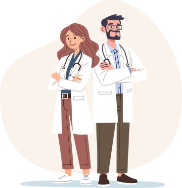 Basit bir şekilde düz vektör çizimi. Nazik doktorlar ayakta ve gülümsüyor, kadın ve erkek, bir grup sağlık görevlisi. Vektör illüstrasyonu