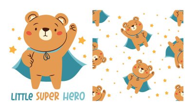 Çocuk ürünleri üzerine baskı seti. Şirin vektör izi, sevimli ayı süper kahraman ve yıldızlar, harfler. Kusursuz vektör deseni. Vektör illüstrasyonu