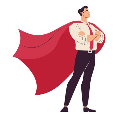 Düz vektör çizimi. Süper kahraman pelerinli erkek ofis çalışanı. Takım liderliği kavramı. Vektör illüstrasyonu