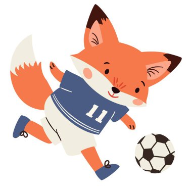 Spor temalı basit bir çocuk tarzında düz vektör illüstrasyonu. Beyaz arka planda futbol oynayan şirin tilki. Vektör illüstrasyonu