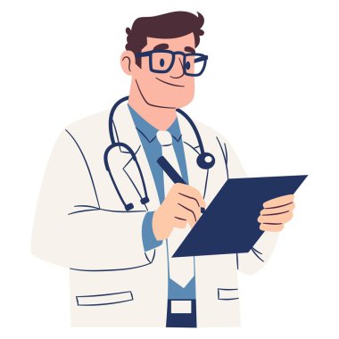 Erkek doktor deftere bir şey yazıyor, hastayı dinliyor. Düz vektör çizimi, basit tarz, beyaz arkaplan. Vektör illüstrasyonu