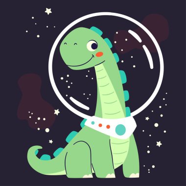 Uzayda uçan sevimli dinozor türü, basit çocuk tarzında düz vektör çizimi, koyu arkaplan. Vektör illüstrasyonu