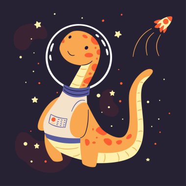 Uzayda uçan sevimli dinozor türü, basit çocuk tarzında düz vektör çizimi, koyu arkaplan. Vektör illüstrasyonu