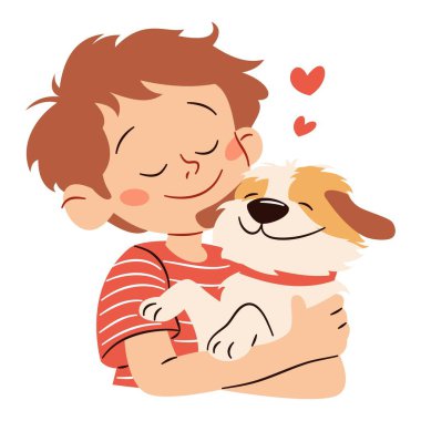 Sevimli çocuk köpeğe, çocuklara ve evcil hayvanlara sarılıyor. Beyaz zemin üzerinde basit çocuk tarzında düz vektör illüstrasyonu. Vektör illüstrasyonu