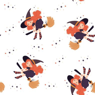 Basit bir çocuksu tarzda kusursuz bir vektör dokunuşu. Süpürgede uçan sevimli cadı, yıldızlar. Vektör illüstrasyonu