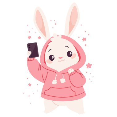 Basit bir çocuk tarzında düz vektör çizimi. Pembe kapüşonlu şirin tavşan selfie çekiyor, telefonuyla kendi fotoğrafını çekiyor. Vektör illüstrasyonu