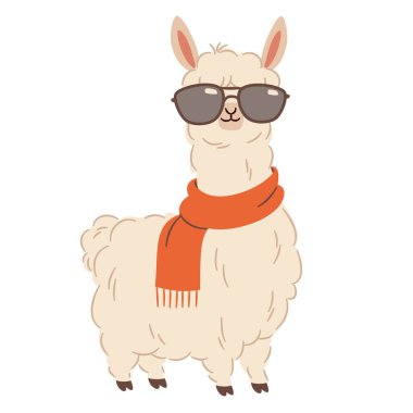 Beyaz arka planda güneş gözlüklü hoş bir lama. Basit çocuksu bir şekilde düz vektör çizimi. Vektör illüstrasyonu