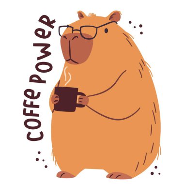 Basit bir çocuk tarzında düz vektör çizimi. Ofis bardaklarında kahve fincanı tutan sevimli bir Capybara, kahve fincanı. Vektör illüstrasyonu