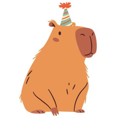Basit bir çocuk tarzında düz vektör çizimi. Güzel bir Capybara doğum günü şapkası, doğum günü partisi. Vektör illüstrasyonu