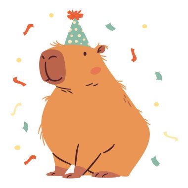Basit bir çocuk tarzında düz vektör çizimi. Güzel bir Capybara doğum günü şapkası, doğum günü partisi. Vektör illüstrasyonu