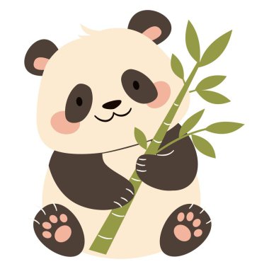 Basit bir çocuk tarzında düz vektör çizimi. Tatlı panda bambuyla sarılıyor. Vektör illüstrasyonu