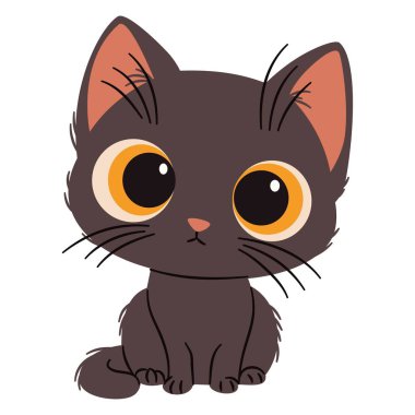 Şirin huysuz siyah kedi yavrusu. Basit çocuksu bir şekilde düz vektör çizimi. Beyaz arka plan. Vektör illüstrasyonu