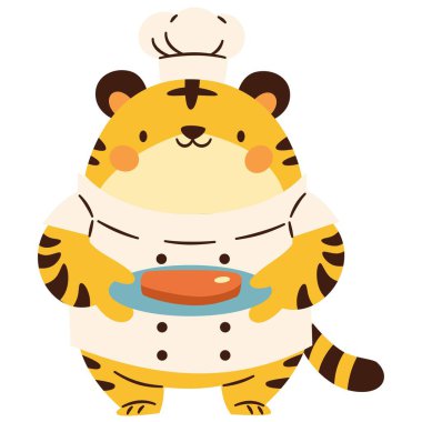 Beyaz arka planda sevimli bir kaplan aşçısı. Basit bir çocuk stili şefinde düz vektör çizimi. Vektör illüstrasyonu