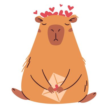 Basit bir çocuk tarzında düz vektör çizimi. Kupa çelengi içinde elinde bir mektup tutan sevimli bir kapibaraymış. Sevgililer Günü Tatili. Vektör illüstrasyonu