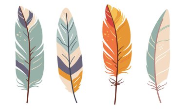 Basit bir şekilde bir dizi düz vektör çizimi. Beyaz arka planda sevimli renkli tüyler. Vektör illüstrasyonu