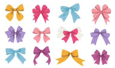 Basit bir şekilde bir dizi düz vektör çizimi. Beyaz arka planda sevimli renkli fiyonklar. Vektör illüstrasyonu