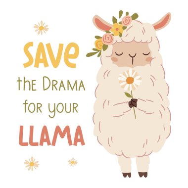 Başında papatya çiçekleri olan sevimli bir lama. Basit bir şekilde düz vektör çizimi, harf. Vektör illüstrasyonu