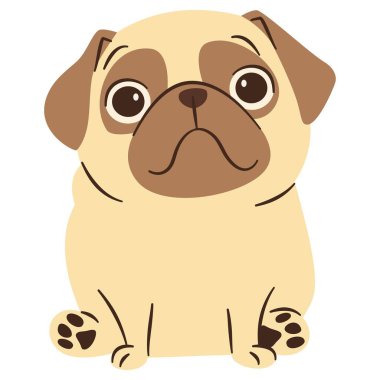 Basit bir çocuk tarzında düz vektör çizimi. Beyaz arka planda oturan kocaman üzgün gözlü, sevimli pug köpeği. Vektör illüstrasyonu