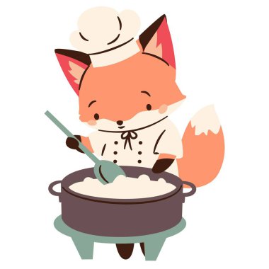 Basit bir çocuk tarzında düz vektör çizimi. Şef kostümü giymiş şirin tilki tencerede yulaf lapası pişiriyor. Vektör illüstrasyonu