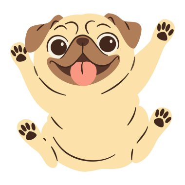 Basit bir çocuk tarzında düz vektör çizimi. Beyaz arka planda sevinçle zıplayan tatlı pug cins köpek. Vektör illüstrasyonu
