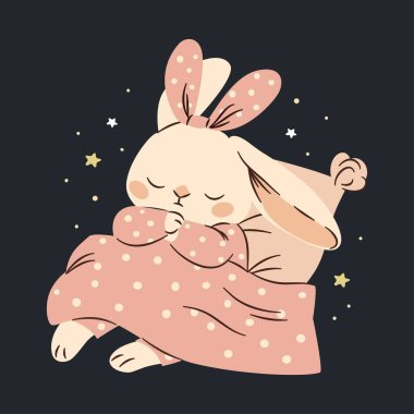 Basit bir çocuk tarzında düz vektör çizimi. Pembe pijamalı şirin tavşan yastıkta uyuyor. Karanlık arka plan ve yıldızlar. Vektör illüstrasyonu
