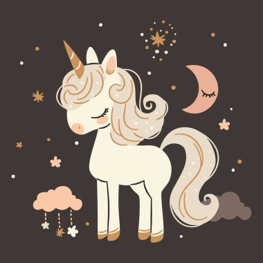 Basit bir çocuk tarzında düz vektör çizimi. Karanlık arka planda sevimli tek boynuzlu at, yıldızlar ve bulutlar, çocuk ürünlerini bastırmak için baskı. Vektör illüstrasyonu
