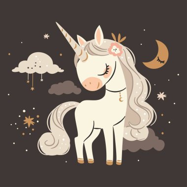 Basit bir çocuk tarzında düz vektör çizimi. Karanlık arka planda sevimli tek boynuzlu at, yıldızlar ve bulutlar, çocuk ürünlerini bastırmak için baskı. Vektör illüstrasyonu