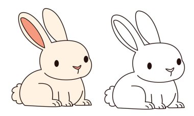 Çocuk boyama kitabı için düz vektör çizimi. Siyah beyaz ve renkli versiyonu olan şirin bir tavşan. Çiftlik hayvanları. Vektör illüstrasyonu