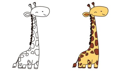 Çocuk boyama kitabı için düz vektör çizimi. Siyah beyaz ve renkli şirin zürafa. Safari ve Afrika 'nın vahşi hayvanları. Vektör illüstrasyonu