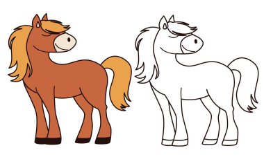 Çocuk boyama kitabı için düz vektör çizimi. Siyah beyaz ve renkli versiyonu olan şirin bir at. Çiftlik hayvanları. Vektör illüstrasyonu