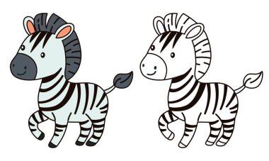 Çocuk boyama kitabı için düz vektör çizimi. Siyah beyaz ve renkli versiyonu olan sevimli zebra. Safari ve Afrika 'nın vahşi hayvanları. Vektör illüstrasyonu