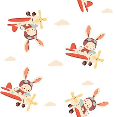 Basit bir çocuksu tarzda kusursuz bir vektör deseni. Beyaz arka planda bulutların arasında uçan sevimli tavşan. Vektör illüstrasyonu