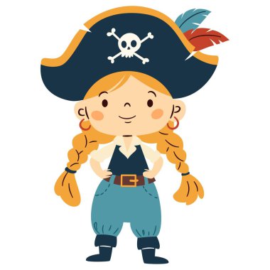 Basit bir çocuk tarzında düz vektör çizimi. Beyaz arka planda korsan kostümlü tatlı kız çocuğu. Vektör illüstrasyonu