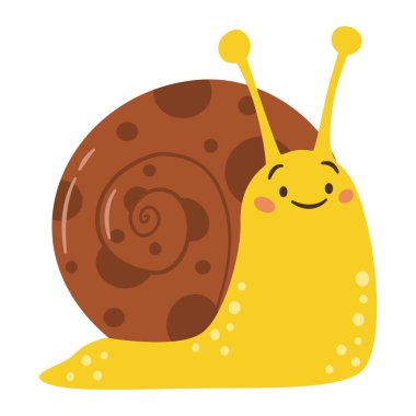 Basit bir çocuk tarzında düz vektör çizimi. Beyaz arka planda şirin, mutlu bir salyangoz. Vektör illüstrasyonu