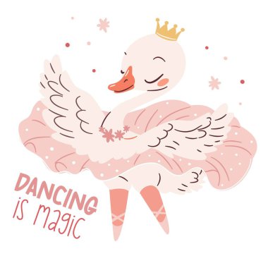 Tatlı kuğu balerin, bale, bale balesi. Basit çocuk stili ve yazıyla düz vektör çizimi. Vektör illüstrasyonu