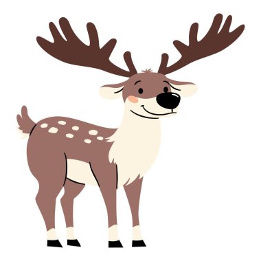 Basit bir çocuk tarzında düz vektör çizimi. Kuzey Kutbu 'nun Hayvanları. Beyaz arka planda şirin bir ren geyiği. Vektör illüstrasyonu