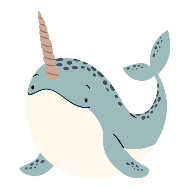 Basit bir çocuk tarzında düz vektör çizimi. Beyaz arka planda şirin deniz gergedanı. Kuzey Kutbu 'nun Hayvanları. Vektör illüstrasyonu