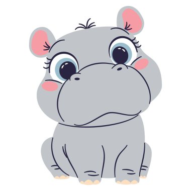 Basit bir çocuk tarzında düz vektör çizimi. Büyük gözleri ve beyaz bir geçmişi olan sevimli bir bebek su aygırı. Vektör illüstrasyonu