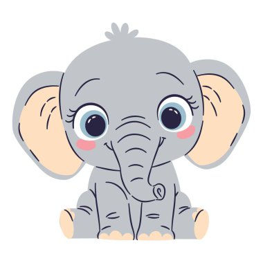 Basit bir çocuk tarzında düz vektör çizimi. Beyaz arka planda büyük gözleri olan sevimli bir bebek fil. Vektör illüstrasyonu