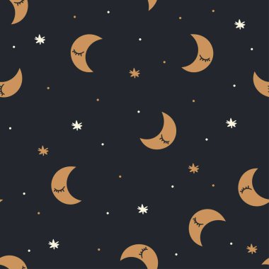 Basit bir çocuksu tarzda kusursuz bir vektör deseni. Kapalı gözlerle uyuyan ay ve karanlık arka planda yıldızlar. Vektör illüstrasyonu