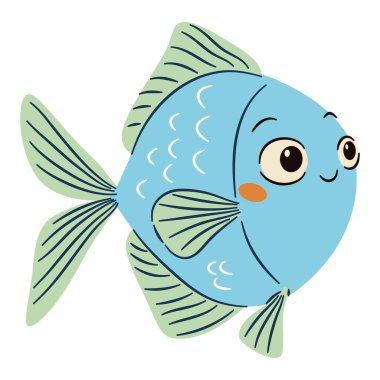 Beyaz arka planda şirin akvaryum balığı, basit çocuk tarzında düz vektör çizimi. Vektör illüstrasyonu