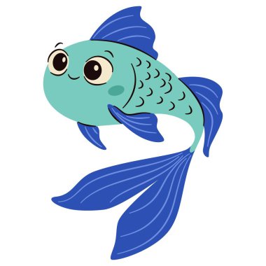 Beyaz arka planda şirin akvaryum balığı, basit çocuk tarzında düz vektör çizimi. Vektör illüstrasyonu