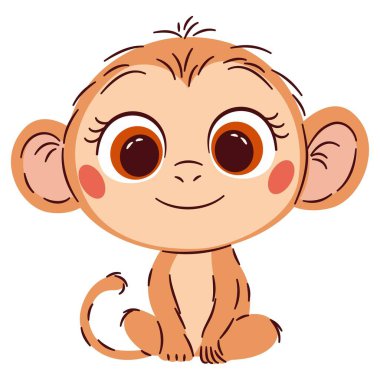 Basit çocuksu bir şekilde sevimli vektör çizimi. Beyaz arka planda büyük gözleri olan sevimli bebek maymun. Vektör illüstrasyonu