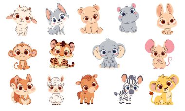 Şirin çocuksu bir şekilde bir dizi düz vektör çizimi. Kocaman gözleri olan sevimli bebek hayvanlar. Tavşan, yavru sincap, kurt keçi, yavru ayı, yavru fil fare, aslan, kaplan, su aygırı, zebra, at, maymun