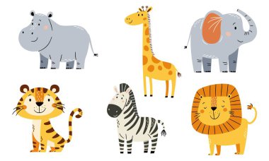 Basit çocuksu bir şekilde bir dizi şirin vektör çizimi. Safari ve orman hayvanları. Beyaz arka planda şirin aslan, kaplan, fil, zürafa, su aygırı ve zebra. Vektör illüstrasyonu