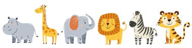 Basit çocuksu bir şekilde bir dizi şirin vektör çizimi. Safari ve orman hayvanları. Beyaz arka planda şirin aslan, kaplan, fil, zürafa, su aygırı ve zebra. Vektör illüstrasyonu