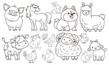 Bir dizi düz vektör çizimi. Evcil çiftlik hayvanları. İnek domuz koyun koyunu, koyun, köpek, kaz, kaz, tavuk, keçi. Siyah beyaz versiyonlar, boyama kitabı. Vektör illüstrasyonu