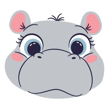 Çizgi film çocuk tarzında düz vektör çizimi. Beyaz arka planda su aygırı resmi var. Vektör illüstrasyonu