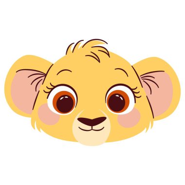 Çizgi film çocuk tarzında düz vektör çizimi. Beyaz arka planda aslan yavrusu suratı. Vektör illüstrasyonu